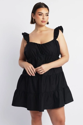 Black Flutter Sleeve Cotton Blend Minidress Travel Fit Essential Piece