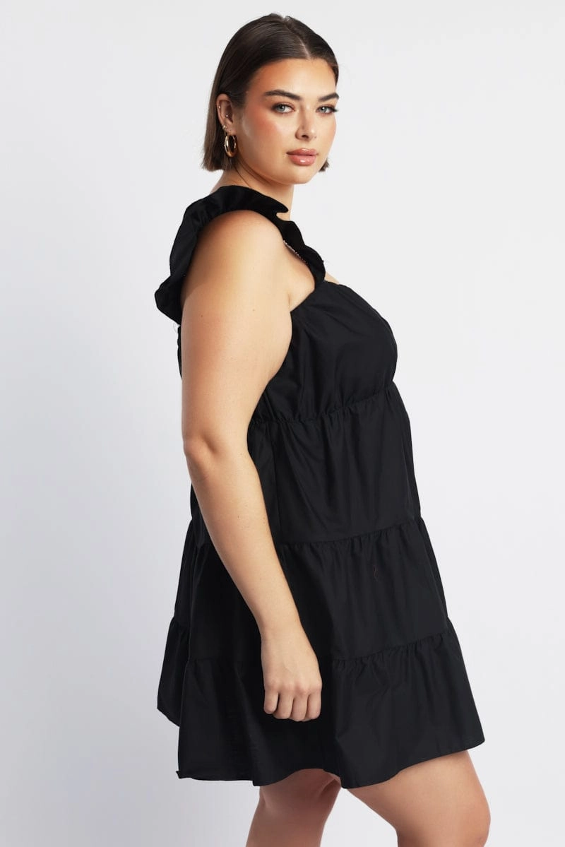 Air Touch Crisp Silhouette Black Flutter Sleeve Cotton Blend Minidress