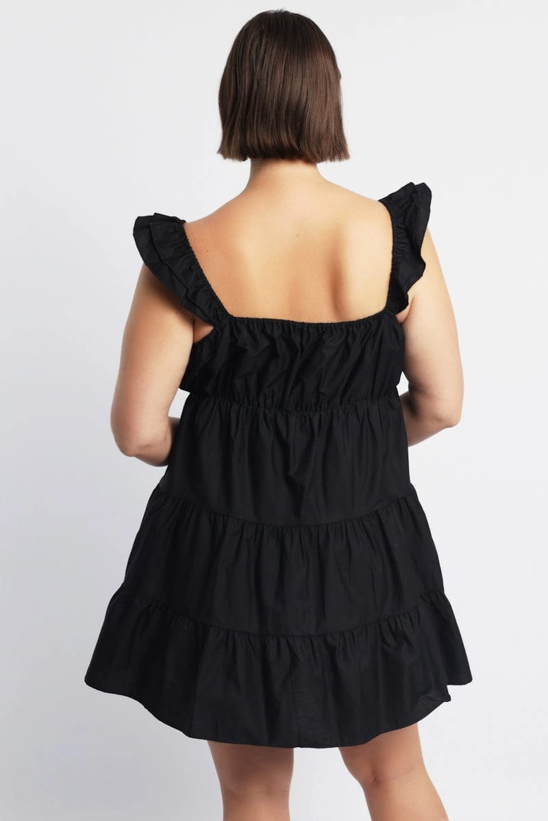 Sleek Vibe Vintage-Inspired Black Flutter Sleeve Cotton Blend Minidress