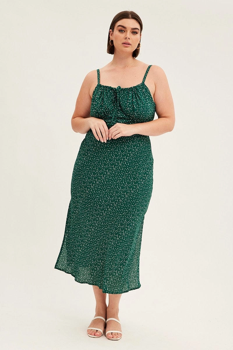 Subtle Stitch Seasonal Essential Green Polka Dot Midi Dress Sleeveless Ruched Bust