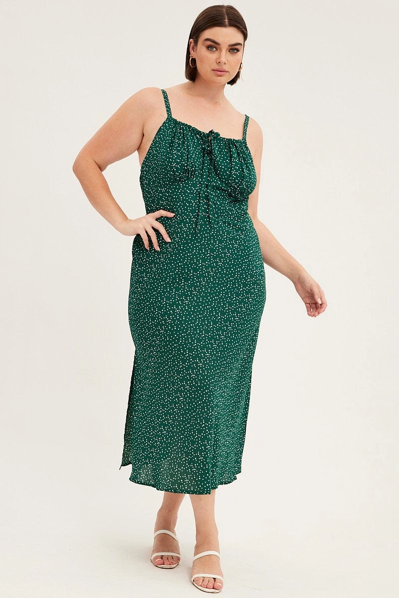 Green Polka Dot Midi Dress Sleeveless Ruched Bust Layering Piece
