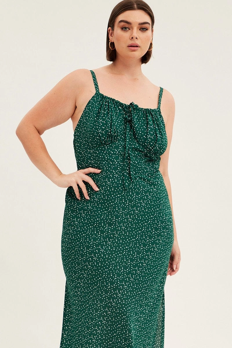 Chic Everyday Wear Comfort and Elegance Green Polka Dot Midi Dress Sleeveless Ruched Bust