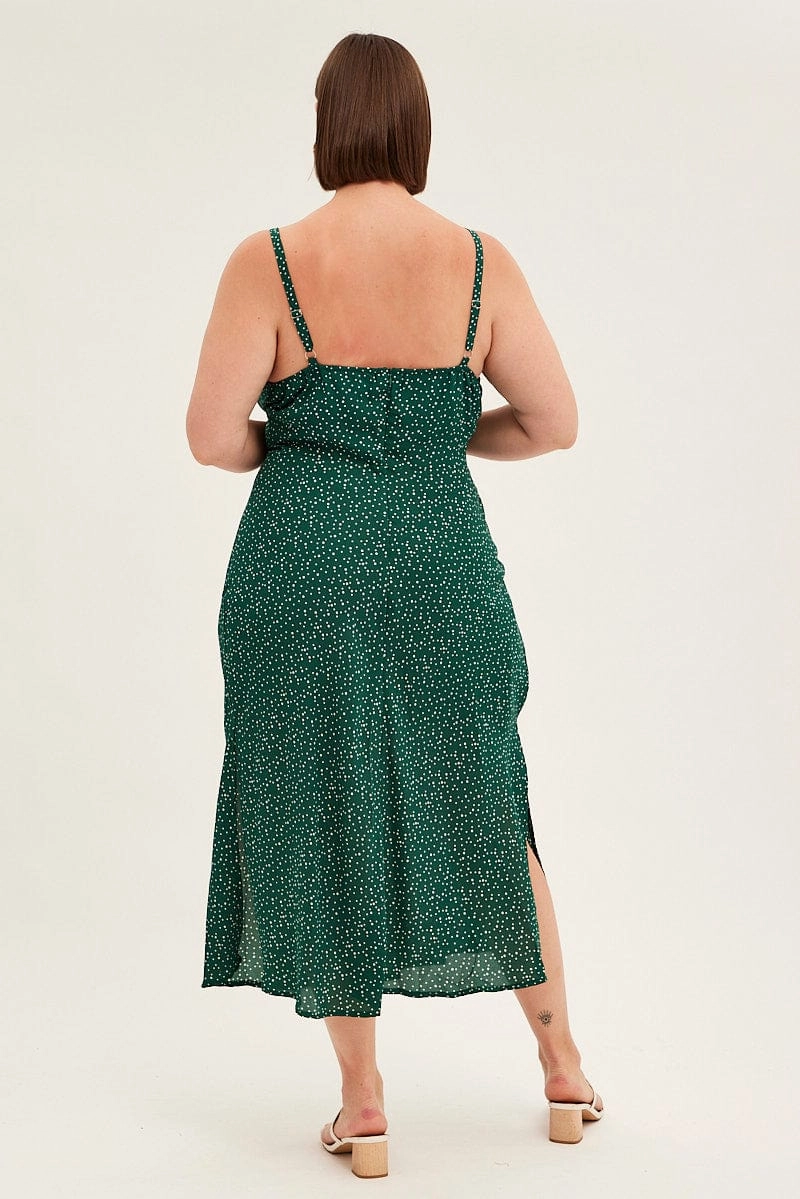 Dreamy Motion Green Polka Dot Midi Dress Sleeveless Ruched Bust