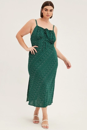 Green Polka Dot Midi Dress Sleeveless Ruched Bust Layering Piece