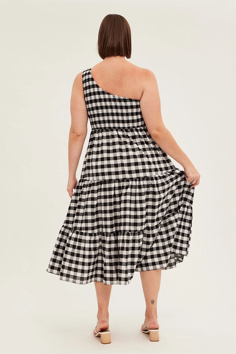 Relax Feel Fit For All Multi Check Midi Dress One Shoulder Shirred Gingham Check