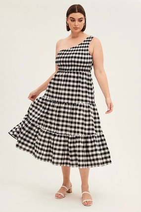 Multi Check Midi Dress One Shoulder Shirred Gingham Check Dew Glow Soft Outfit