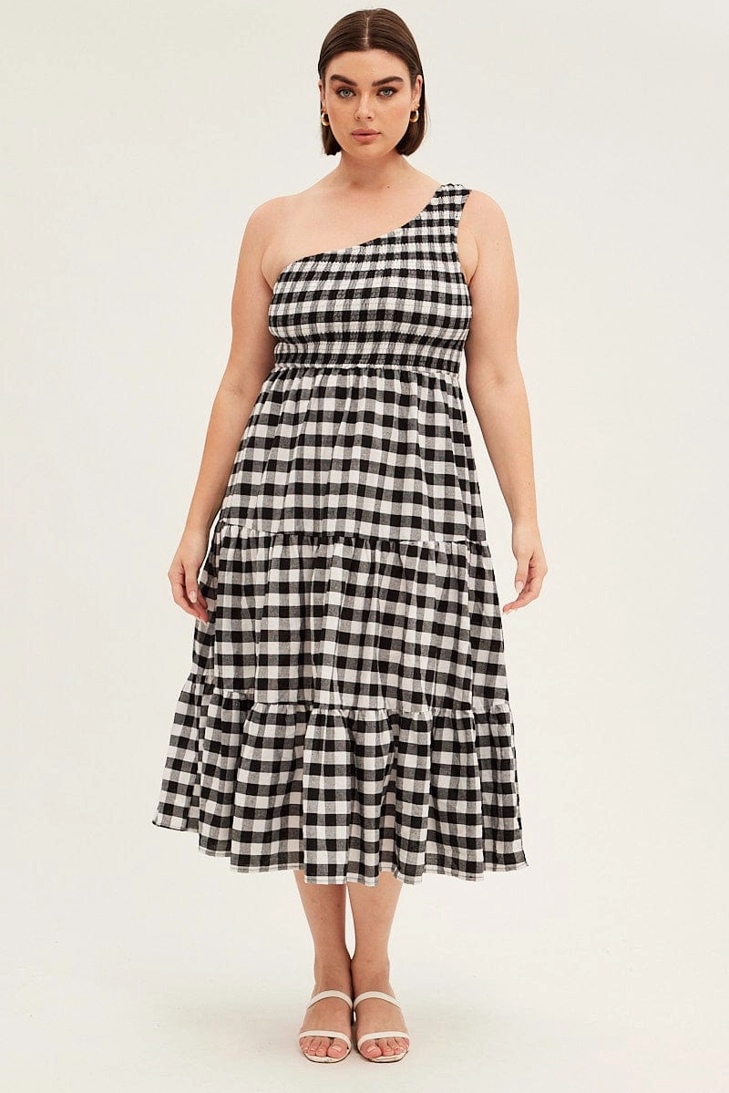 Multi Check Midi Dress One Shoulder Shirred Gingham Check Perfectly Tailored