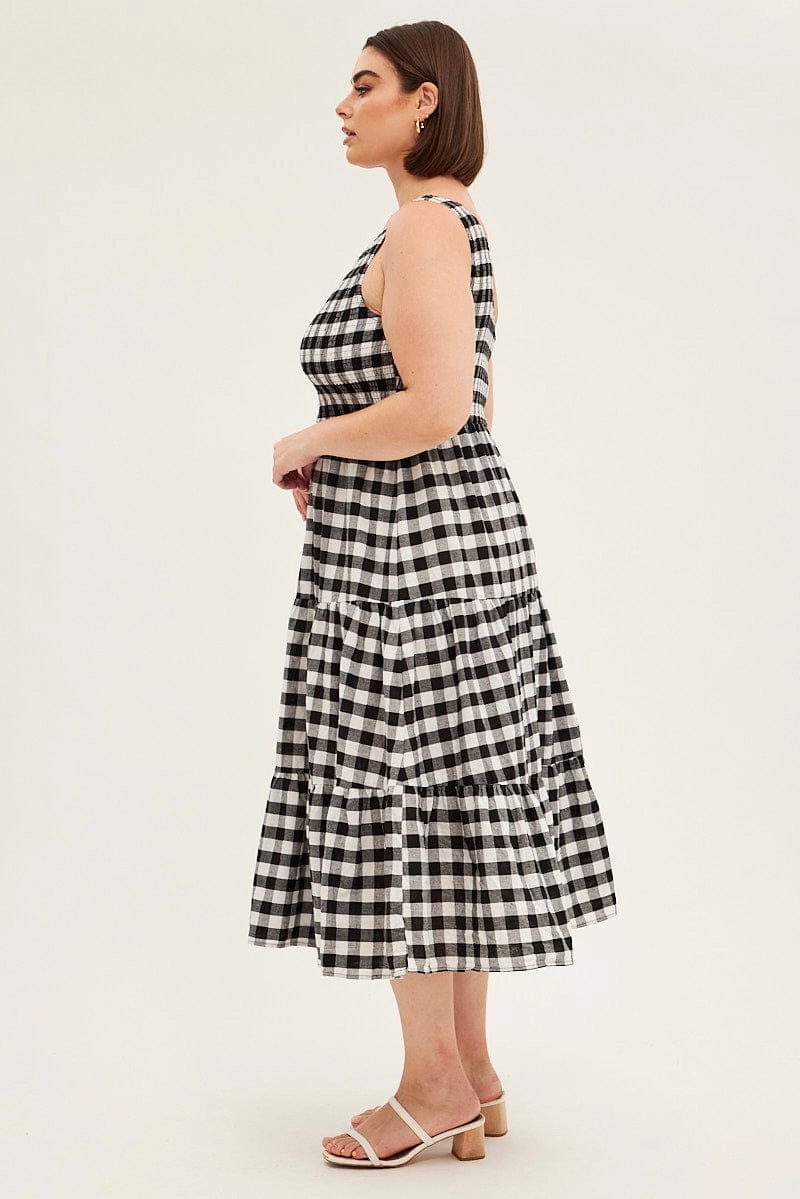 Modern Design Sage Detail Multi Check Midi Dress One Shoulder Shirred Gingham Check