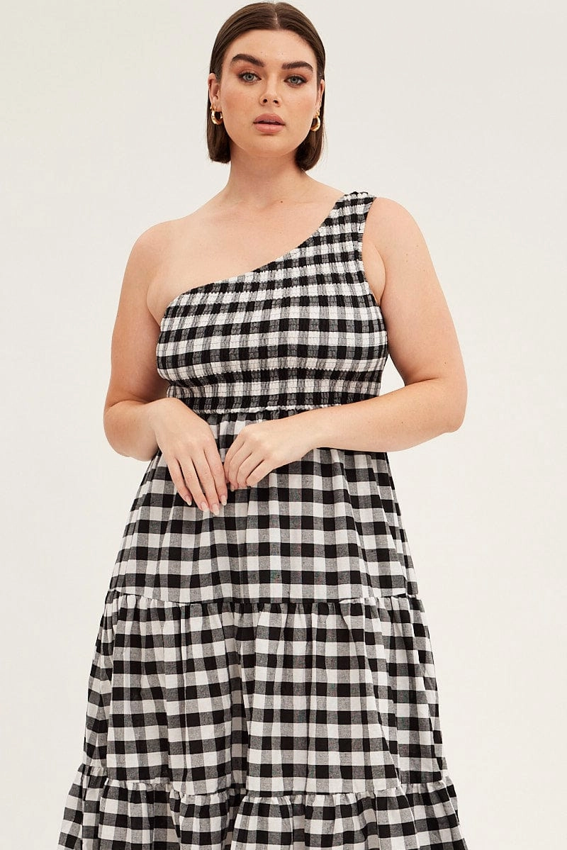 Multi Check Midi Dress One Shoulder Shirred Gingham Check Casual Days