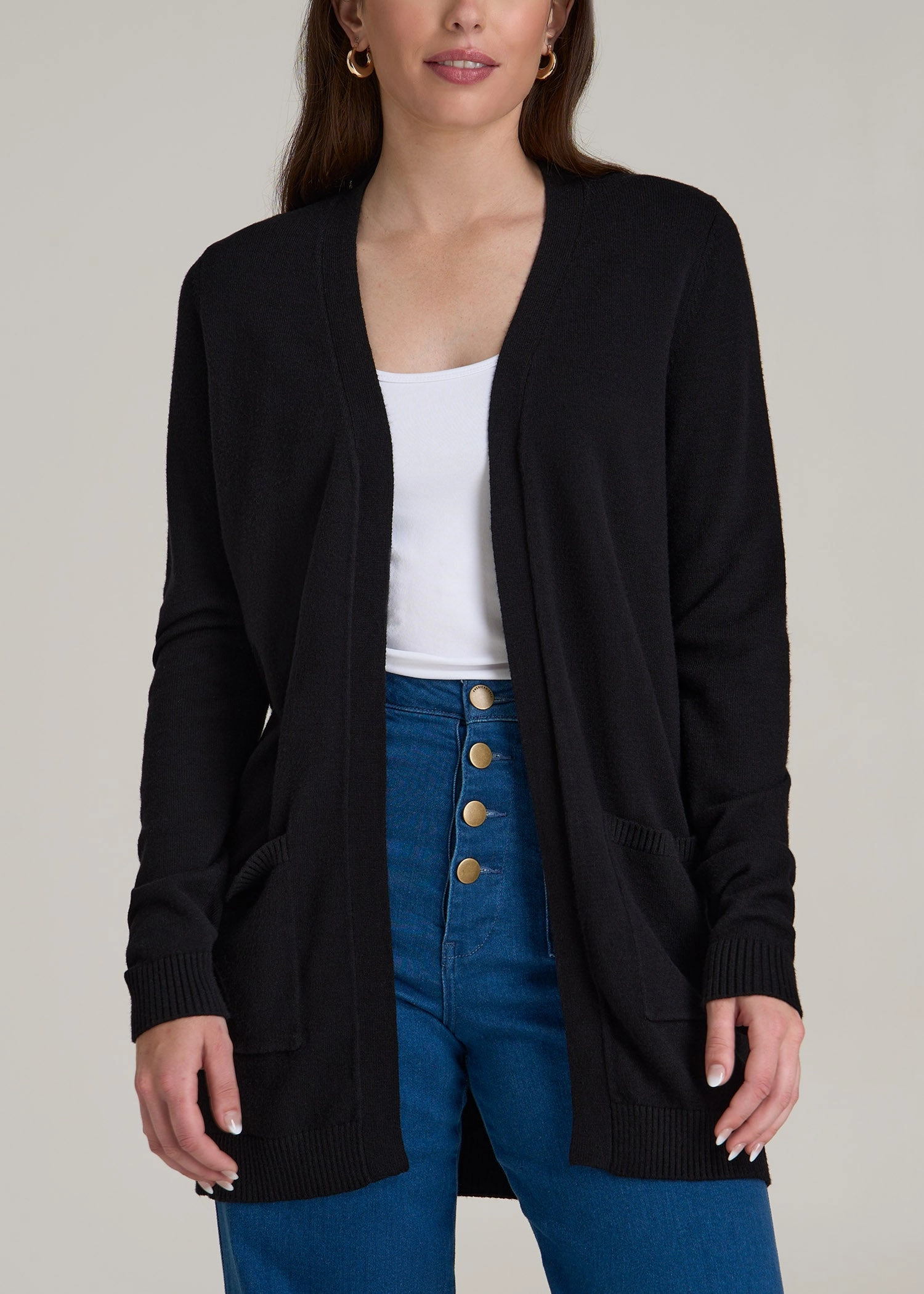 Open-Front Long Cardigan Sweater for Tall Women in Black Essential Comfort ribbon accents