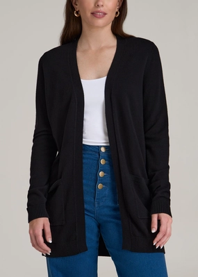 Open-Front Long Cardigan Sweater for Tall Women in Black Polyester Material