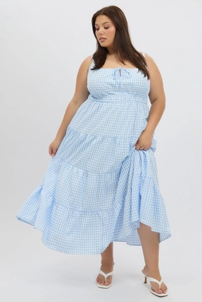 Blue Check Midi Dress Sleeveless Tiered Feminine Tailoring