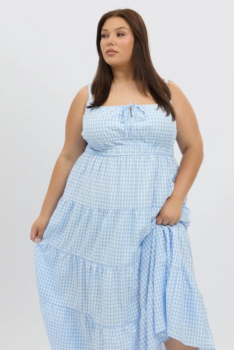 Young Edge Blue Check Midi Dress Sleeveless Tiered