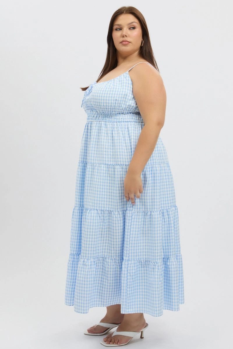 Blue Check Midi Dress Sleeveless Tiered Elegant Charm