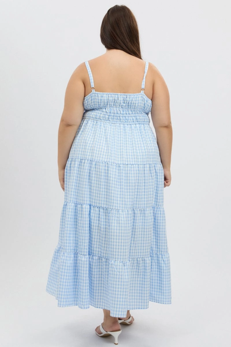 Blue Check Midi Dress Sleeveless Tiered Bright Petal
