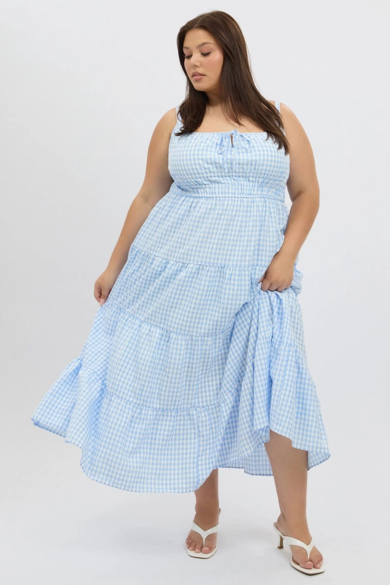 Blue Check Midi Dress Sleeveless Tiered Feminine Tailoring