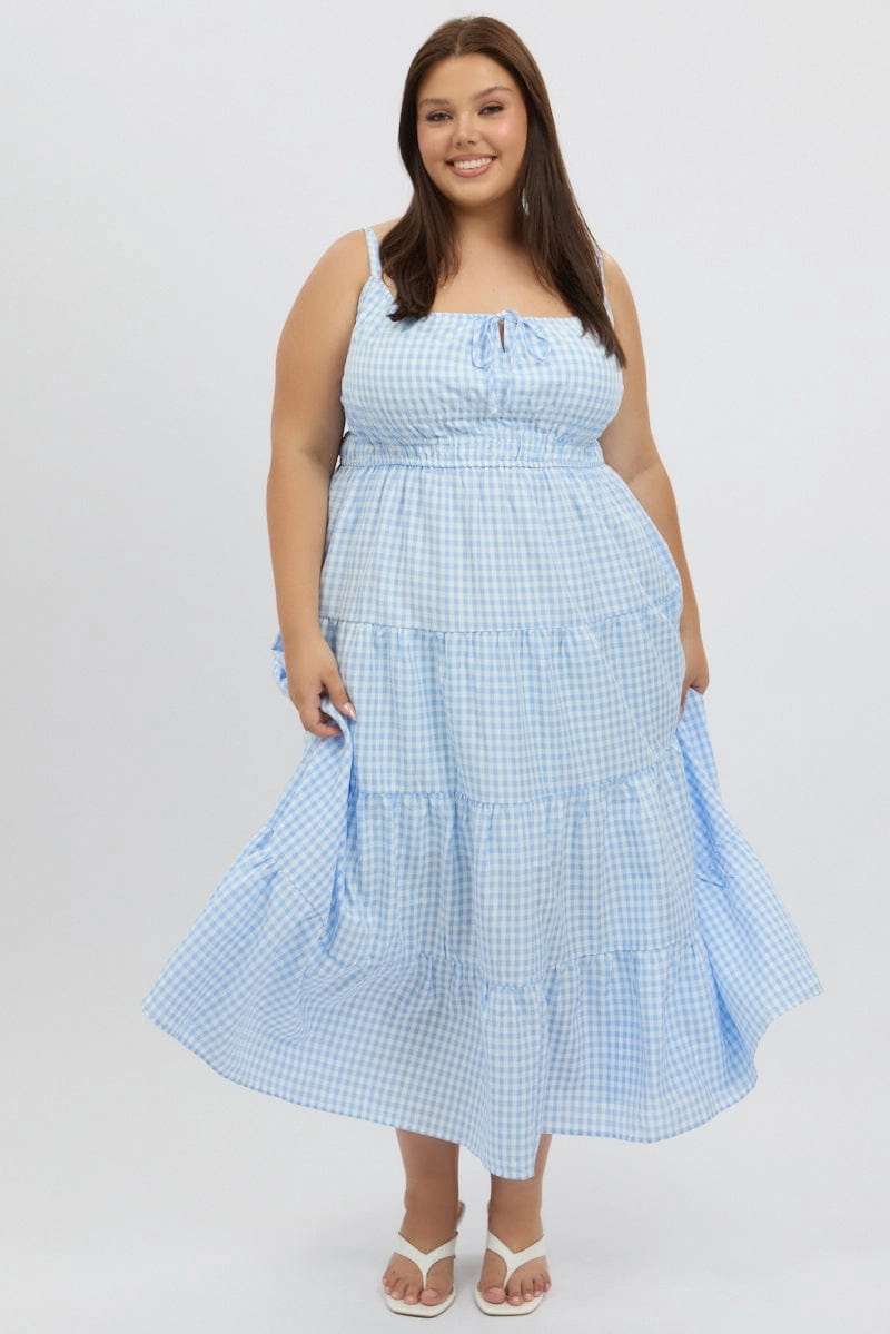 Blue Check Midi Dress Sleeveless Tiered Mini-Length
