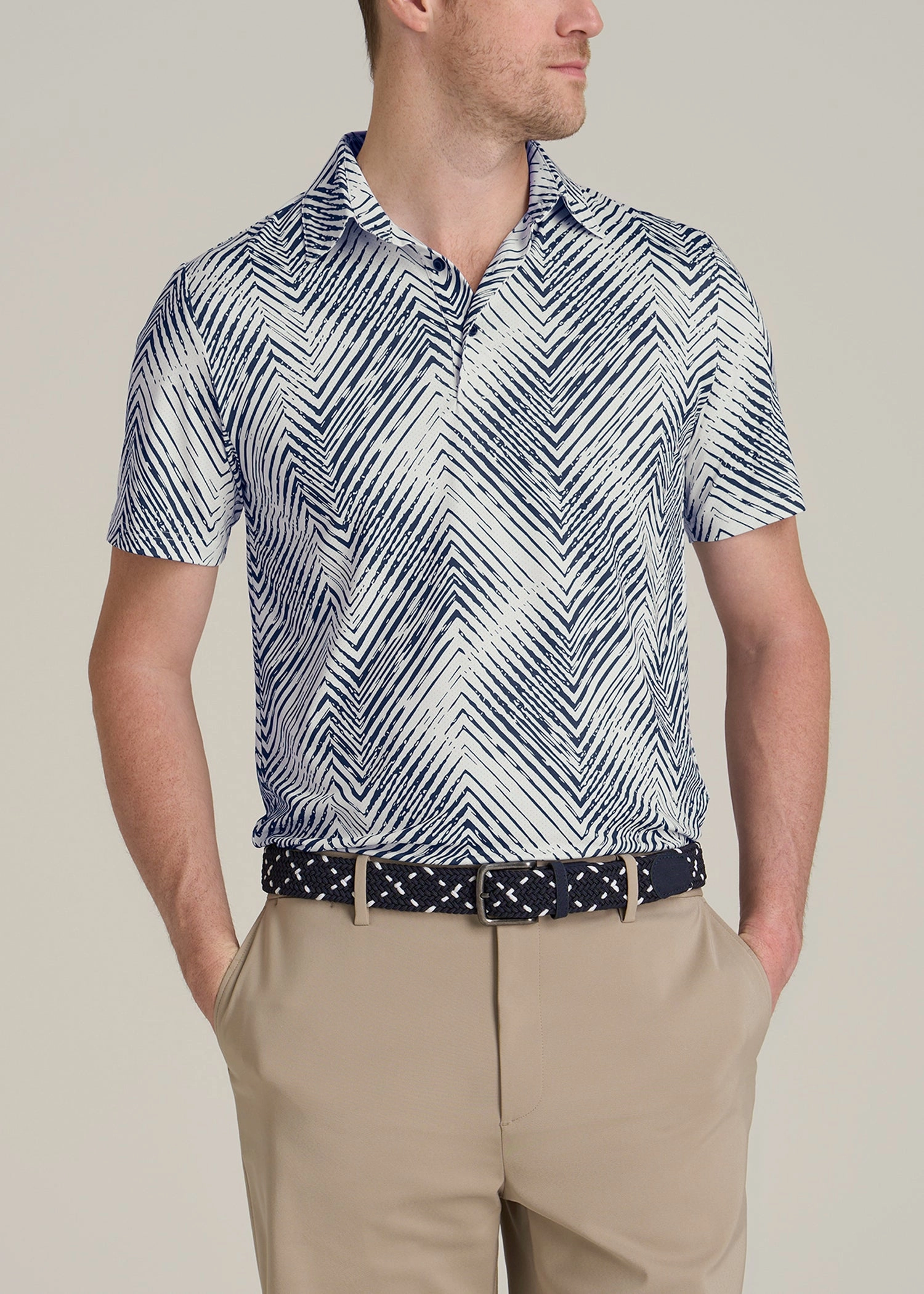 Golf Performance Tall Men's Polo Shirt in Navy Chevron SingleJersey Knit Tailored Style