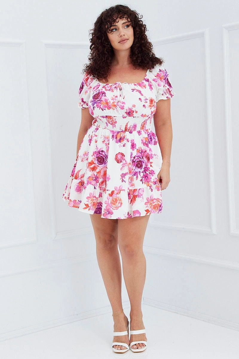 Pink Floral Fit And Flare Dress Short Sleeve Shirred Waist Fluid Shape Light Cloud