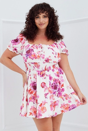 Metallic-Shine Chic Layered Wear Pink Floral Fit And Flare Dress Short Sleeve Shirred Waist