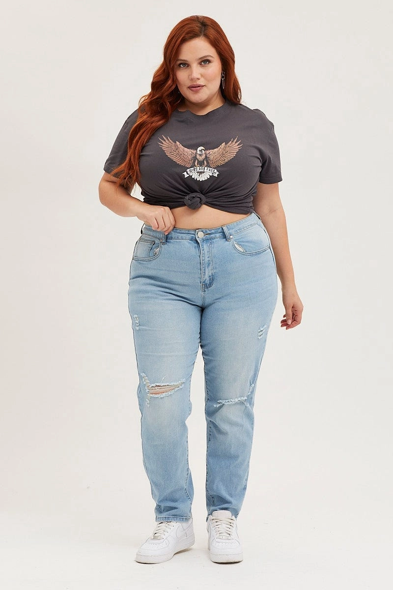 Lightweight Construction Black Crop T-shirt Eagle Crew Neck Short Sleeve Semi