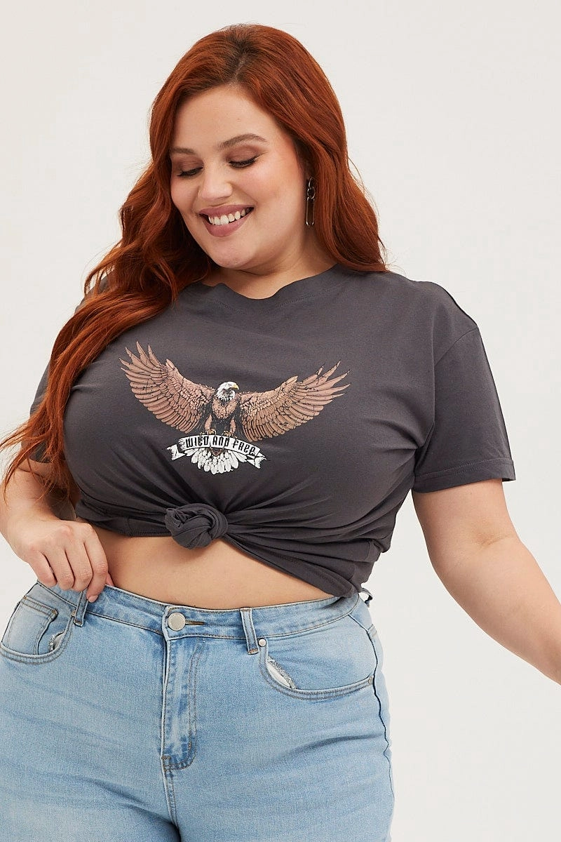 Black Crop T-shirt Eagle Crew Neck Short Sleeve Semi Chilly Day Wear Sporty essentials