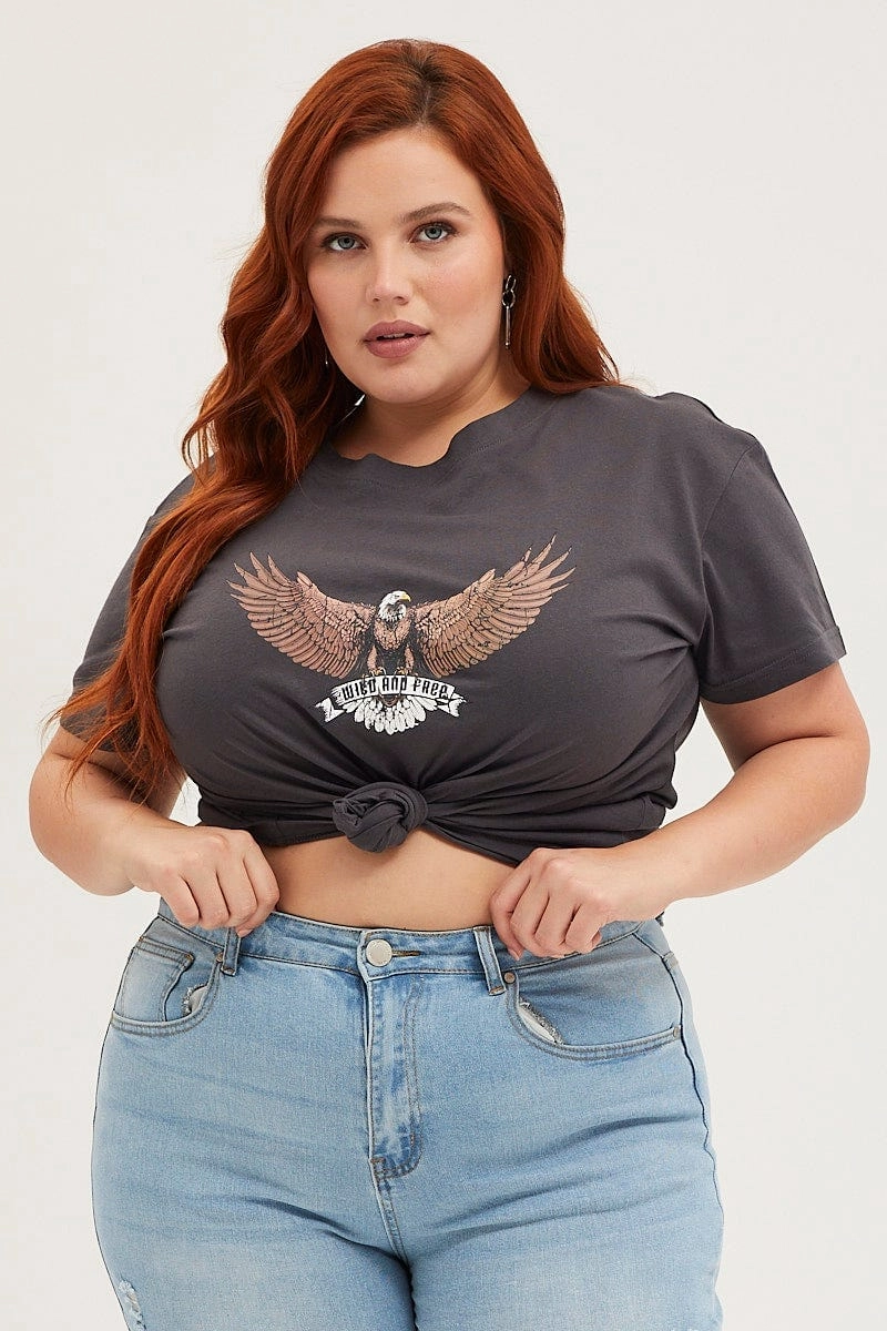 Black Crop T-shirt Eagle Crew Neck Short Sleeve Semi Premium Cotton spring fashion