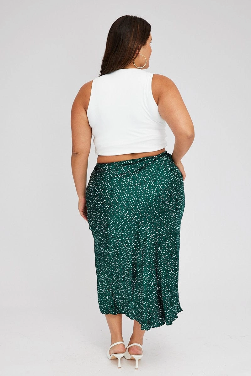 Green Polka Dot Satin Slip Skirt With Split Double Layer Construction