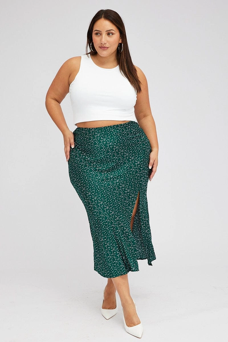 Double Layered Design Daily Mood Green Polka Dot Satin Slip Skirt With Split