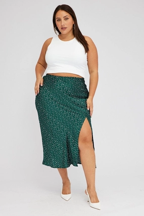 Green Polka Dot Satin Slip Skirt With Split Comfy Look