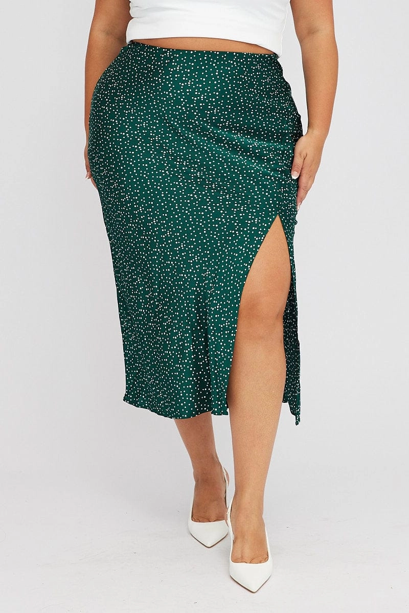 Green Polka Dot Satin Slip Skirt With Split Tagless label