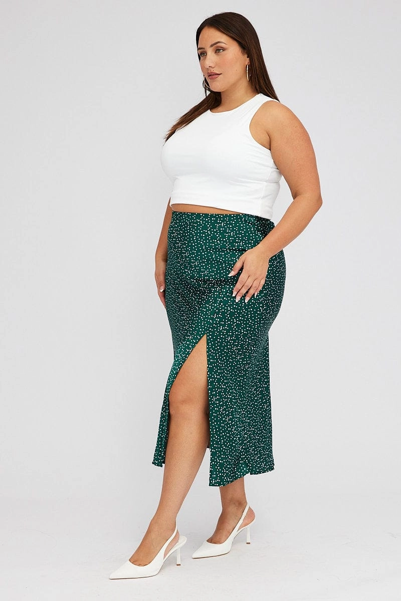 Green Polka Dot Satin Slip Skirt With Split Waist Defining Chafe Resistant