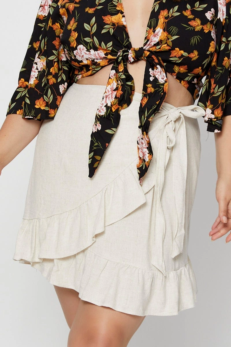 Beige Mini Wrap Skirt Linen Blend Ruffle Hem Clean Outfit Iconic Style