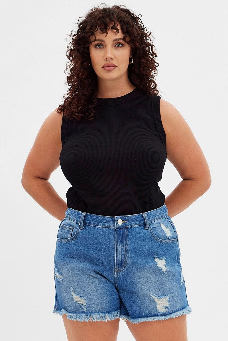 Classic Fit Blue Relaxed Denim Shorts High Rise