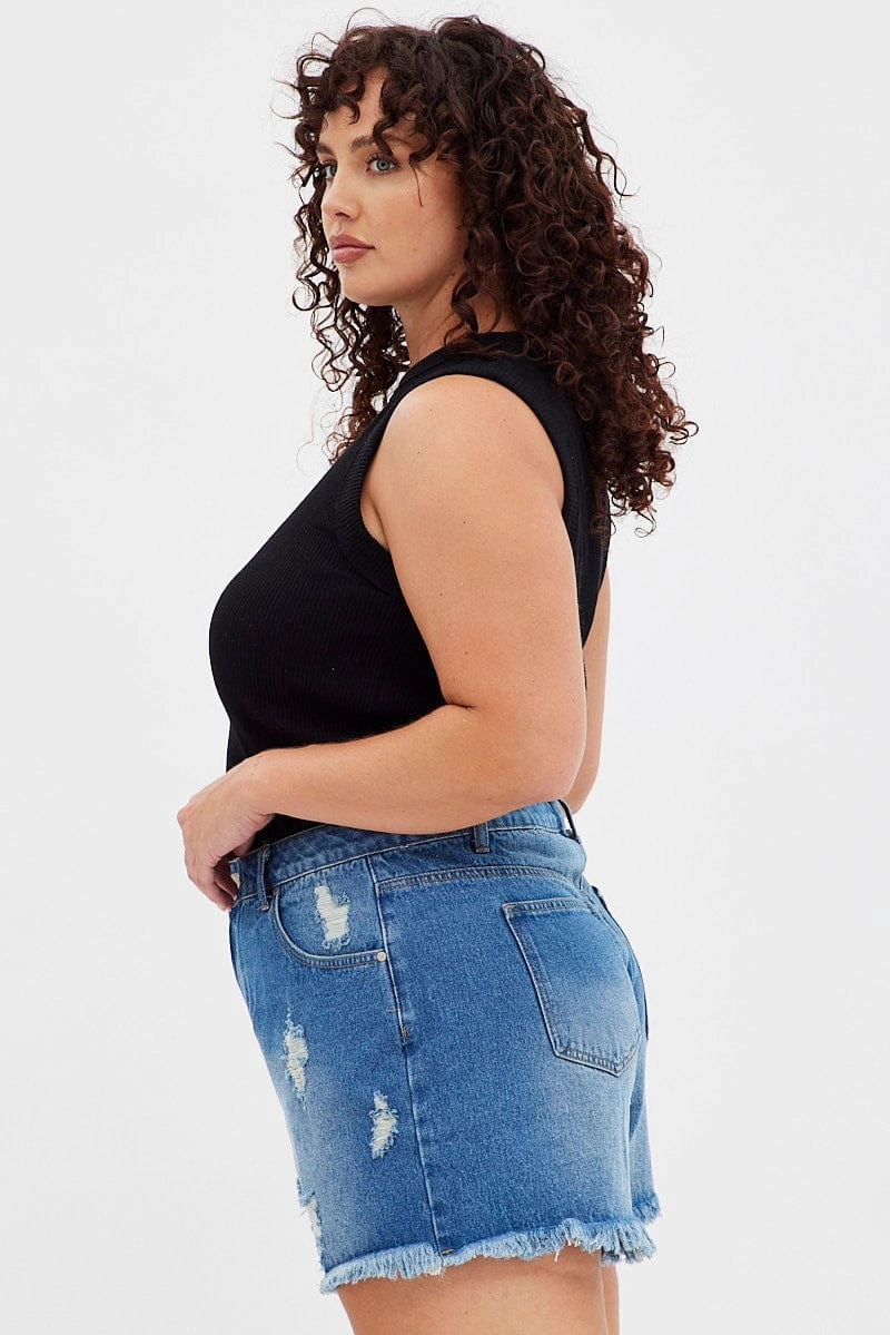 Urban Fashion Floral Print Blue Relaxed Denim Shorts High Rise