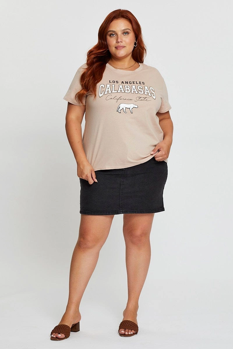 Curved Hem Relaxed Torso Fit Pink Graphic T-shirt Calabasas Short Sleeve Cotton