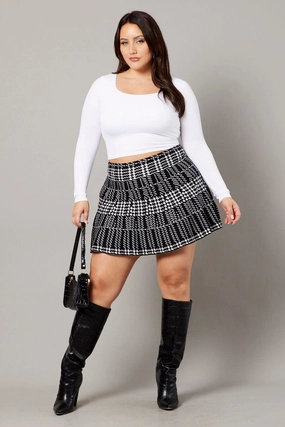 Black Check Knit Flare Mini Skirt City Mood