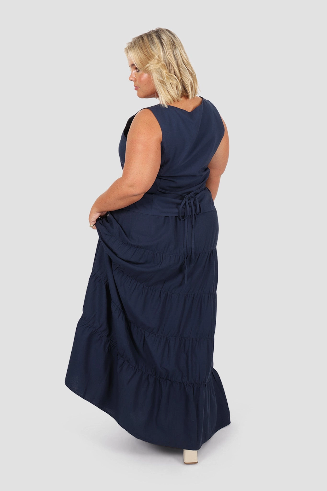 ZYLA TIERED MAXI SKIRT NAVY Layered Structure Minimalist Layering