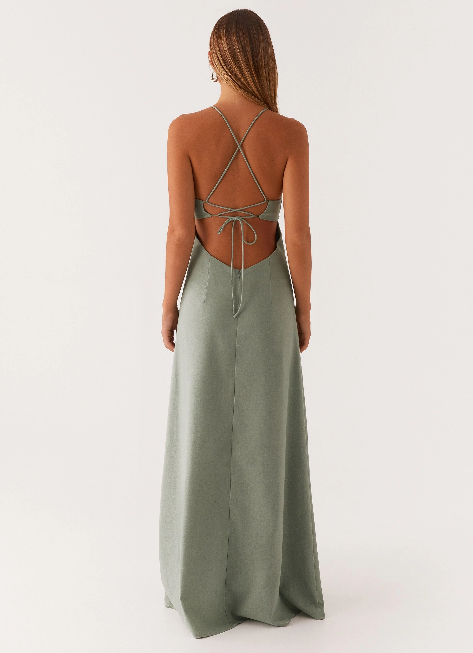 Middle Ground Linen Maxi Dress - Sage Polished Cut