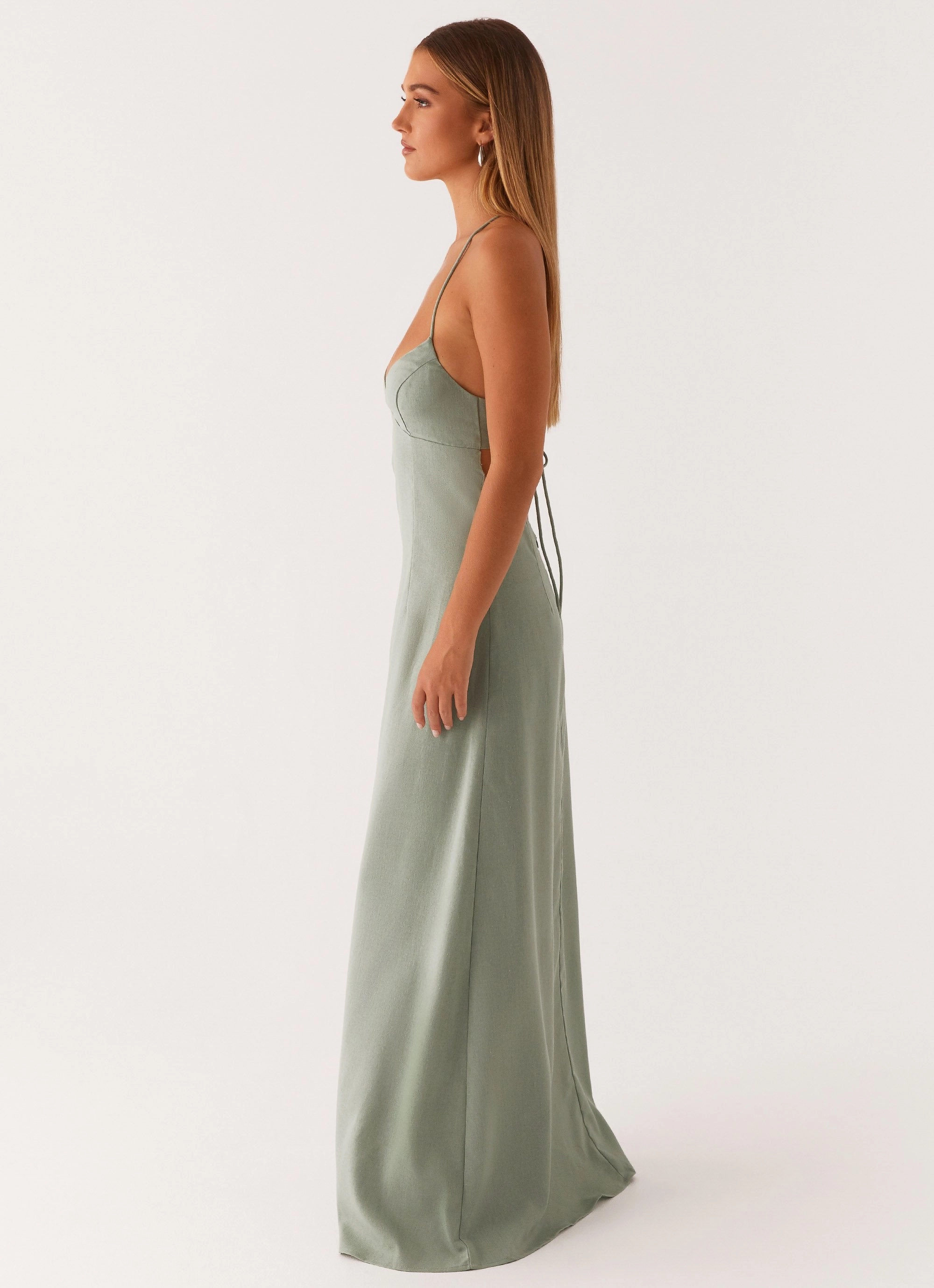 Middle Ground Linen Maxi Dress - Sage High Cut Elegant Silhouette