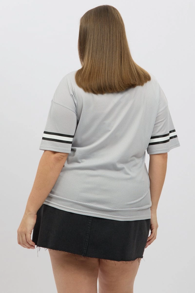 oversized but not shapeless Athletic Comfort Wear Grey Graphic T Shirt Short Sleeve V Neck