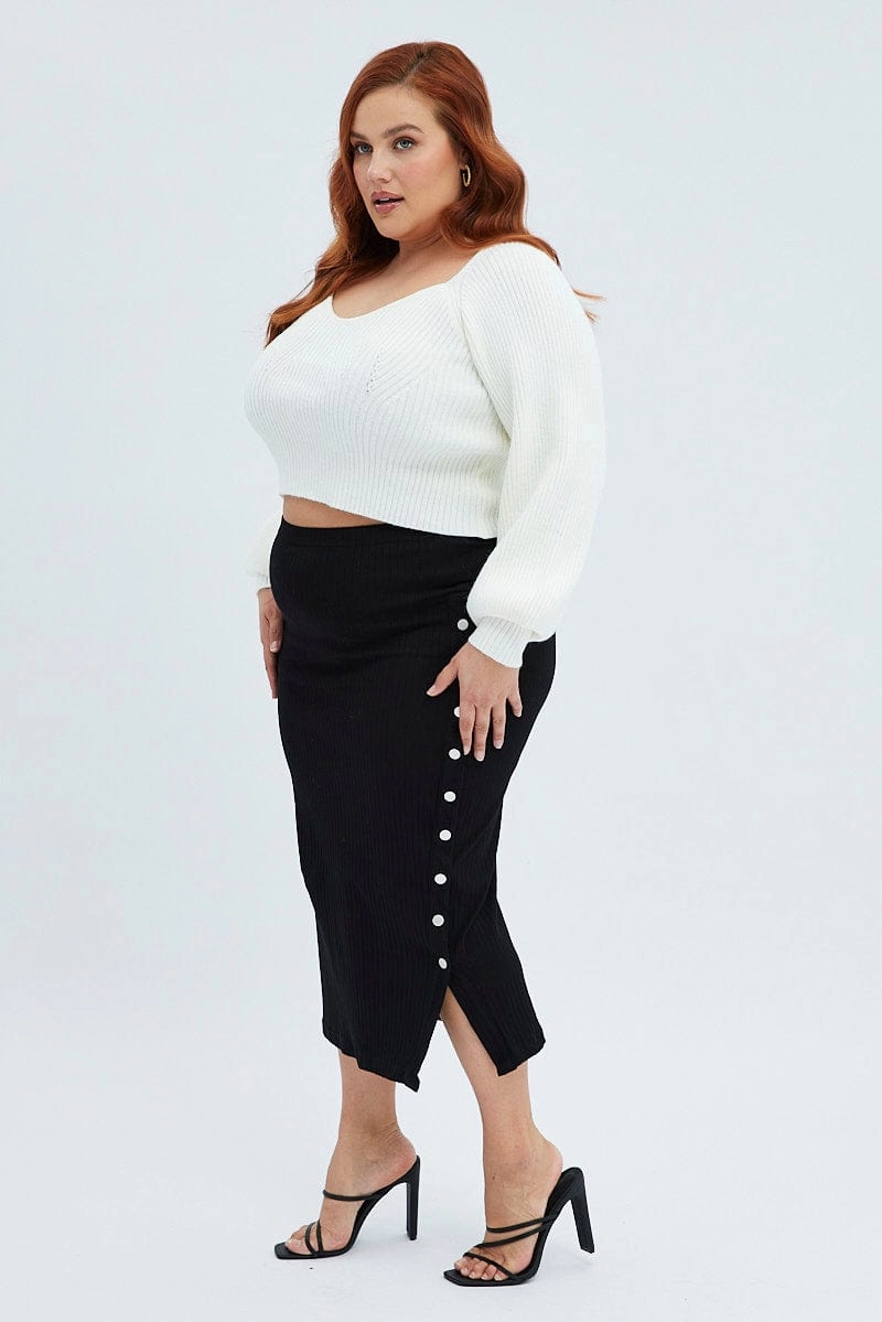 Convertible Style Quick Fit Black Midi Skirt Rib Jersey Snap Button Through
