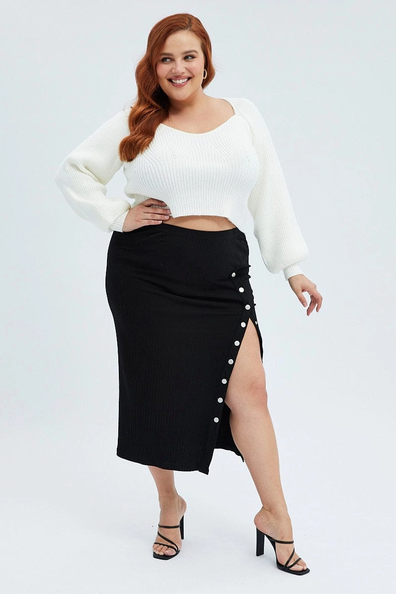 Black Midi Skirt Rib Jersey Snap Button Through Easy Combo
