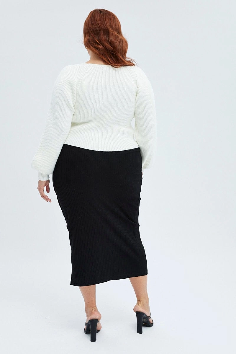 Day Ready Black Midi Skirt Rib Jersey Snap Button Through