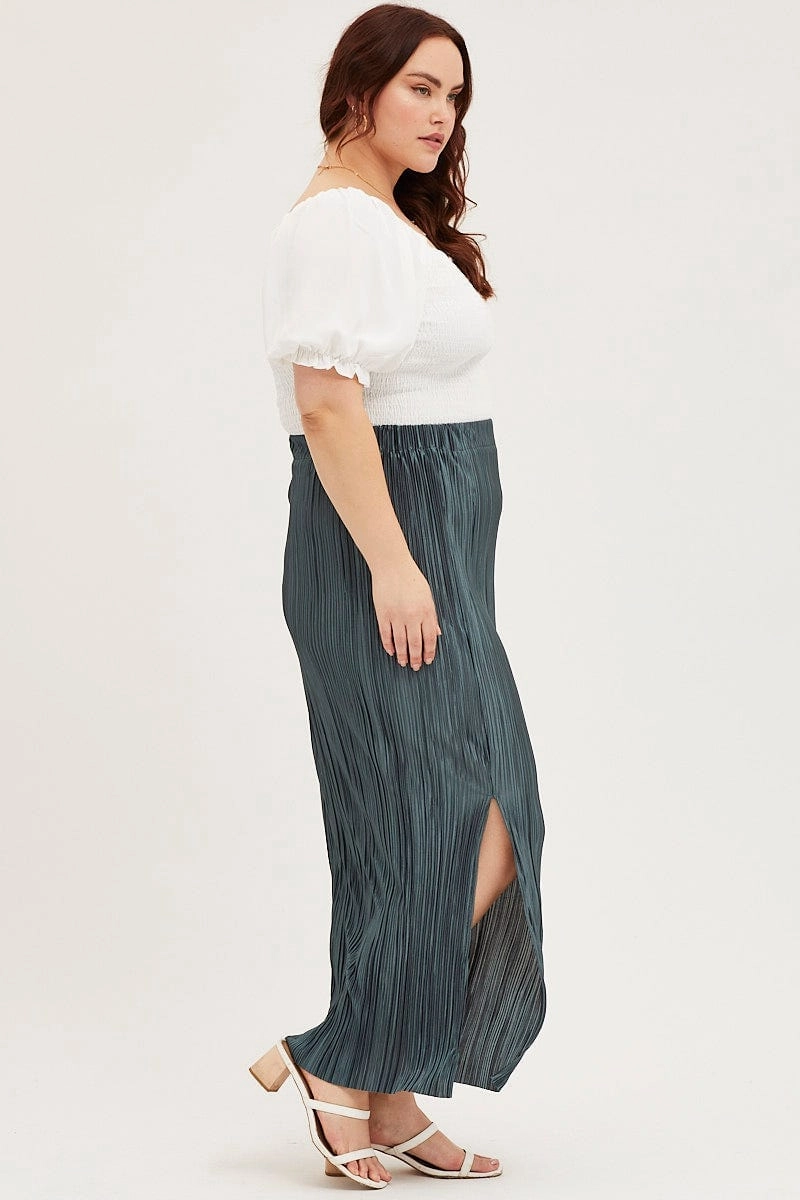 Light Mood Green Plisse Midi Split Skirt