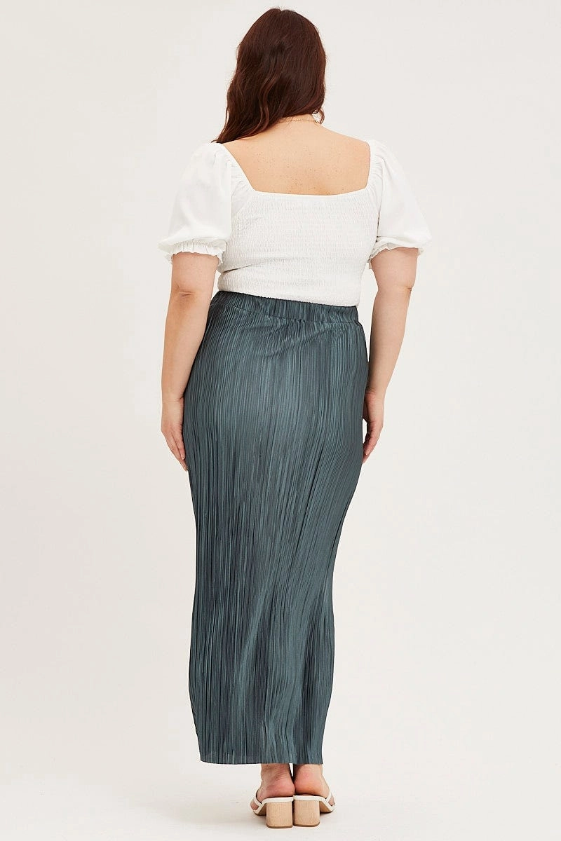 Green Plisse Midi Split Skirt Wool blend