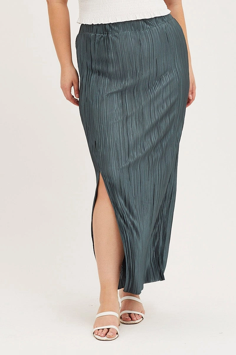 Roll Up Hem Green Plisse Midi Split Skirt