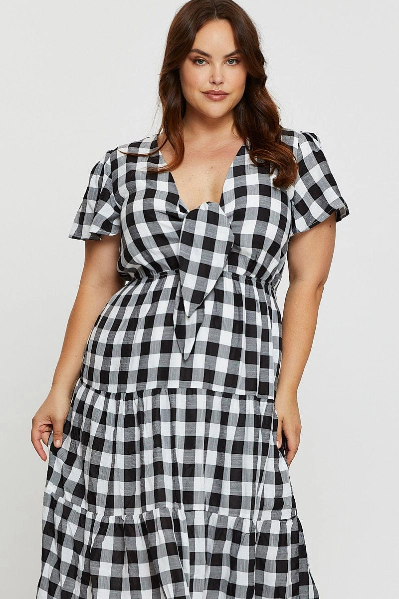 Check Midi Dress V-neck Short Sleeve Clean Drape Anti-bacterial