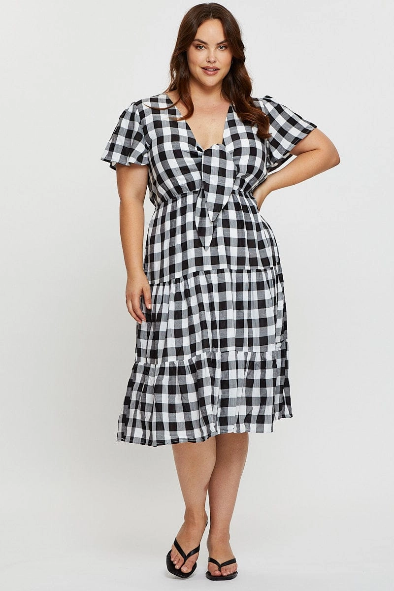 Check Midi Dress V-neck Short Sleeve Striped-Pattern