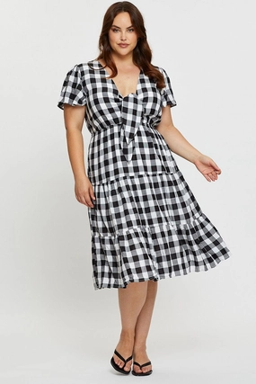 Check Midi Dress V-neck Short Sleeve Quiet Mood